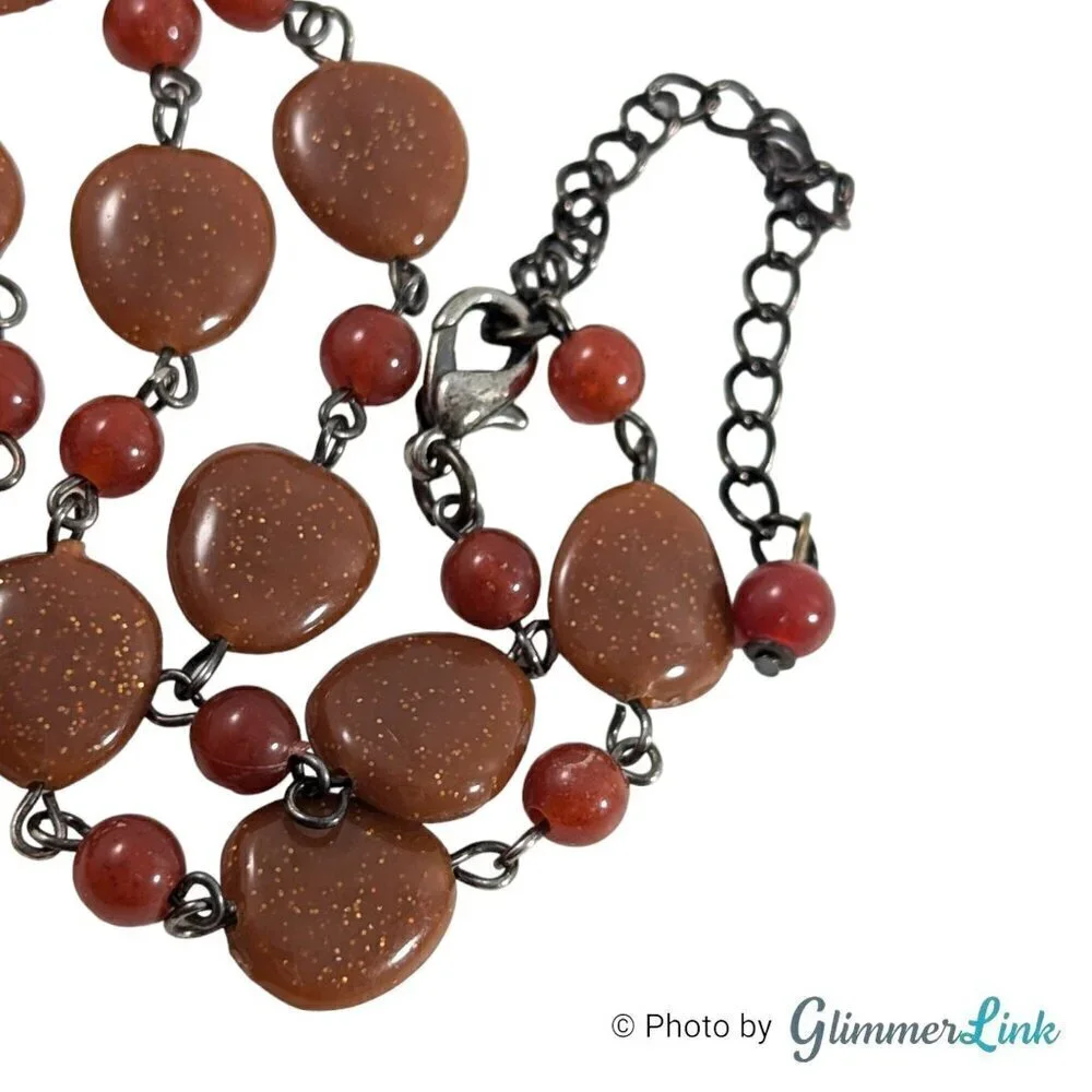 Vintage Bohemian Faux Goldstone Beaded Carved Pendant Necklace